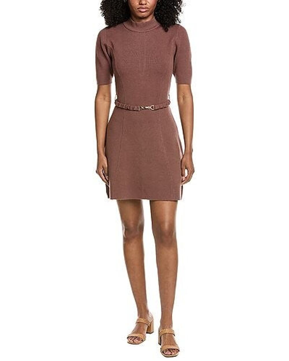 Fate Gold Clasp Belt Detail Mock Neck Sweaterdress in Brown - M